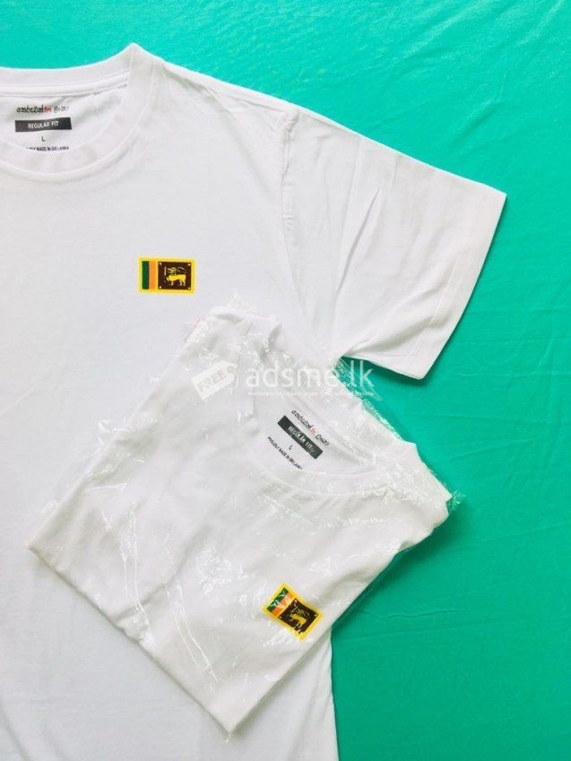 100% Cotton crew neck  Pure White T-shirt with Sri Lankan flag and double flag printed
