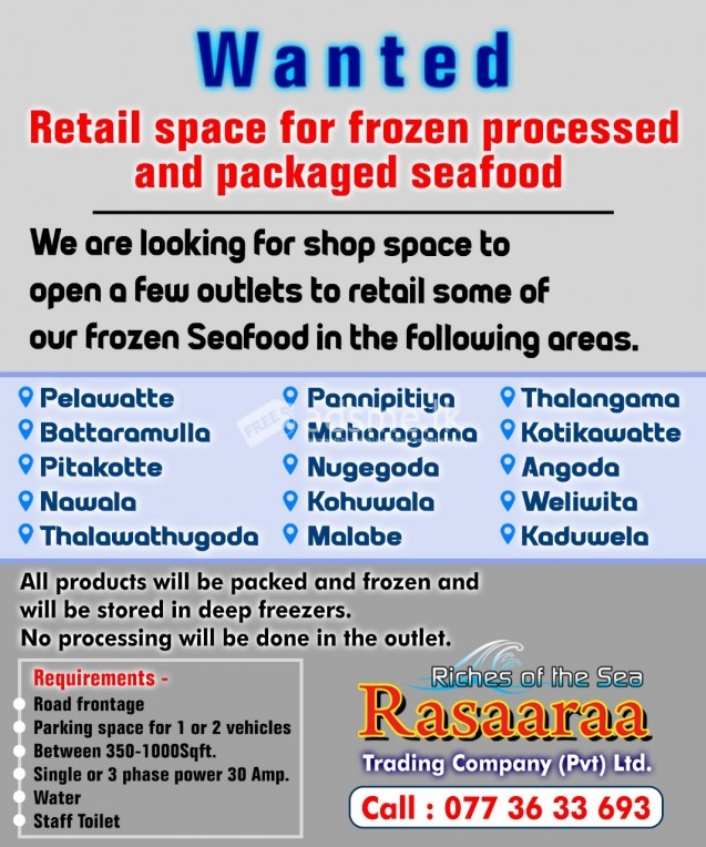 Retail space for Processed and Packaged Frozen seafood outlet