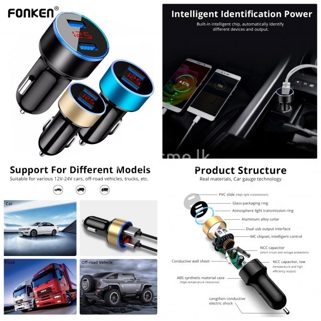 FONKEN USB Car Charger 2 Port LED 3.1A Universal Phone Fast Charging