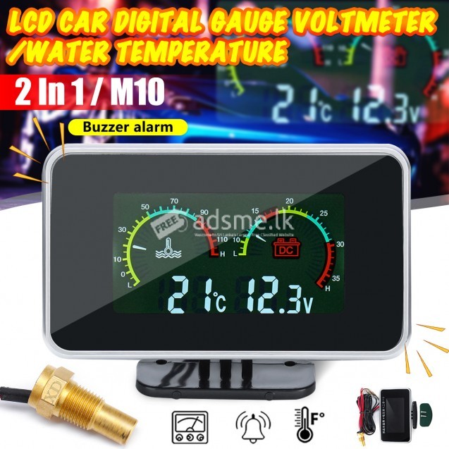 12V-24VM10 2in1 LCD Car Digital Gauge Set Voltage Pressure/Water Temp Meter with Buzzer Alarm