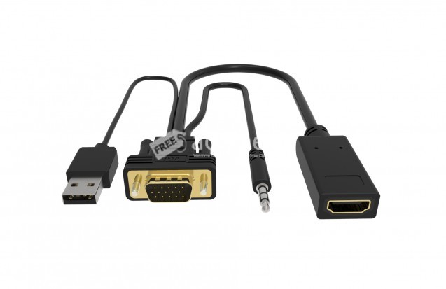Black Portable VGA to HDMI Adapter with 3.5mm Stereo AV Cable & USB VGA to HDMI Converter
