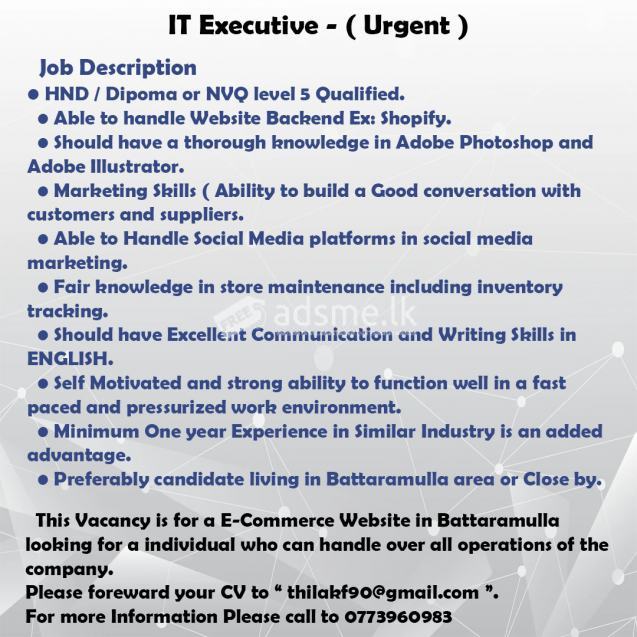 IT Executive (Urgent) - Battaramulla