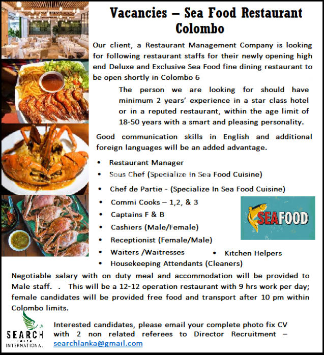 Vacancies – Sea Food Restaurant-Colombo