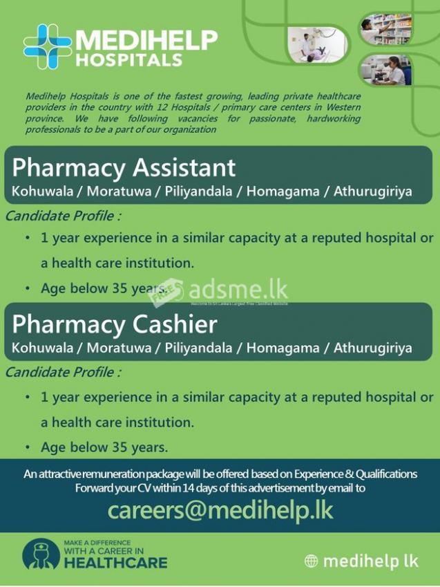 Pharmacy Assistant / Pharmacy Cashier - Moratuwa,Piliyandala,Kohuwala,Athurugiriya