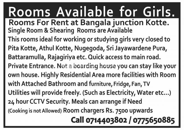 Rooms For Rent for Girls at Bangala junction Kotte.