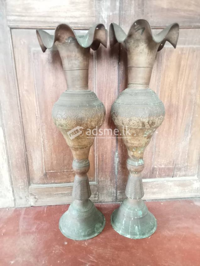 antique pair brass flower vases