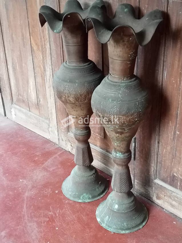 antique pair brass flower vases