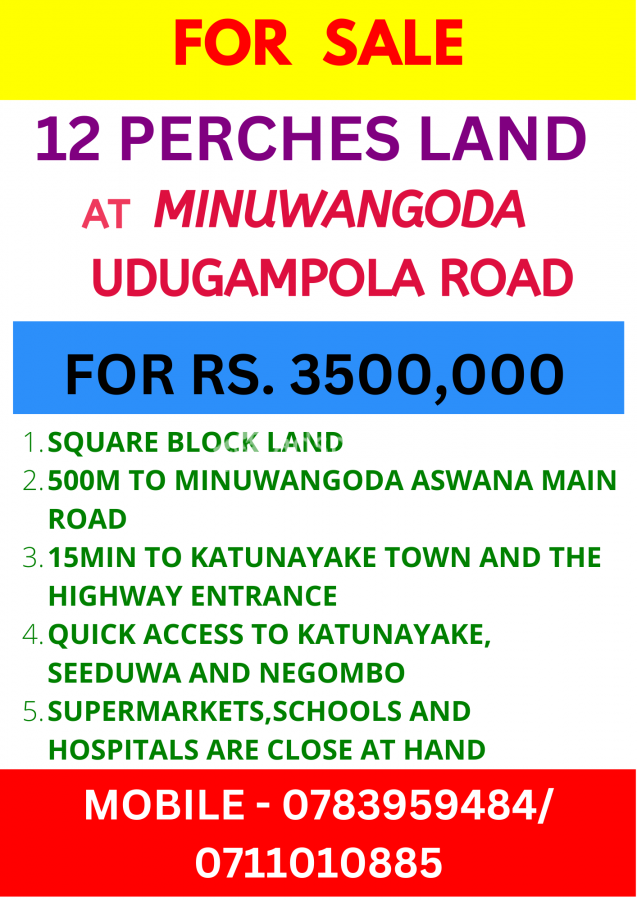 12 Perches Land for Sale in Minuwangoda Udugampola for Rs. 3500,000